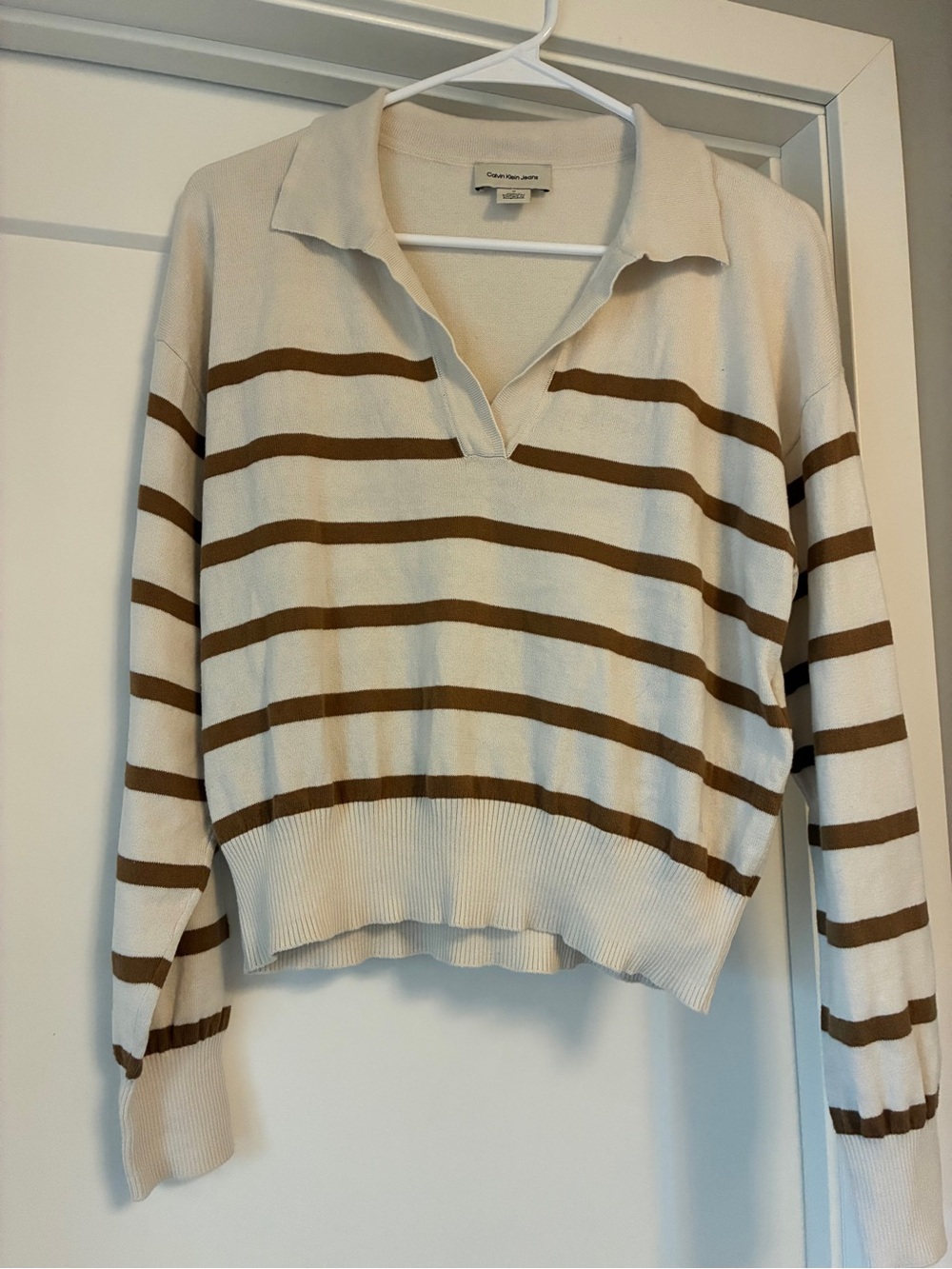 Calvin Klein Jeans Cream V-Neck Sweater with Brown Stripes